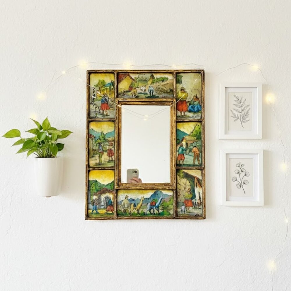 Vintage Peru Reverse-Painted Glass Mirror 15"x12"
